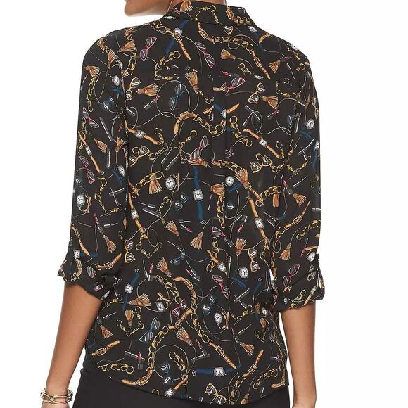 APT 9 XL Blouse Black Roll Tab Sleeve Beauty Chain Accessories Button Pockets - Picture 2 of 8